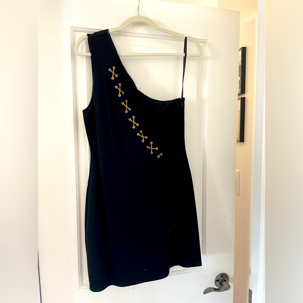 Brand new black one shoulder chain mini dress